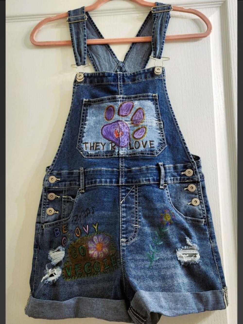 OOAK Hand Painted Vegan Denim Shortalls Upcycled Overalls XS/S
